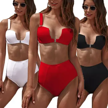 

Sexy V-Cut Neck Bikini Set Women Summer Swimsuit Sexy Backless Swimwear High Waist Bikinis Bathing Suit Beachwear Biquinis 2020