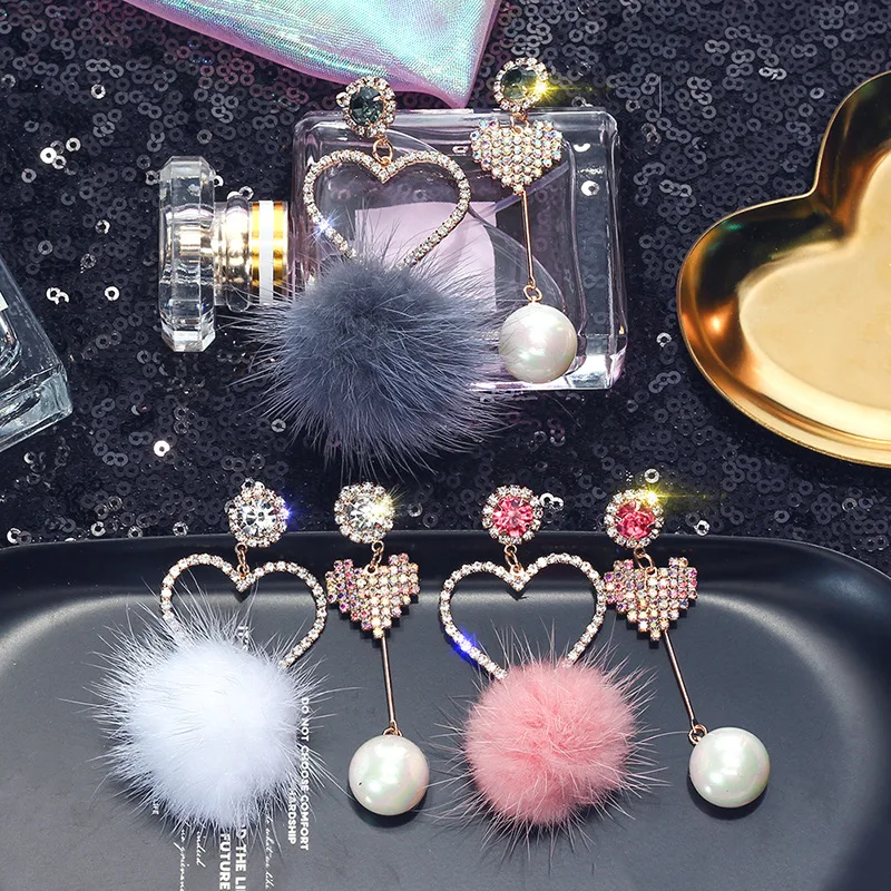 

Korean Earrings Irregular Crystal Heart Earrings For Women Statement Charm Chic Pearl Pompom Fur Ball Dangle Earrings Jewelry