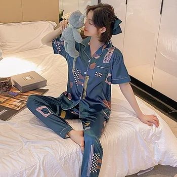 

Short-sleeved trousers home silk pajamas Set & Turn-down Collar silk nightwear set & polka dot sleepwear set 2 pcs