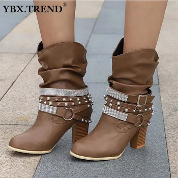 

Women Boots Shoes Pumps Mid Calf Ladies Vintage Crystal Rivet Leather High Heels shoes Winter Casual Belt Buckle Female Fashion