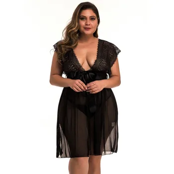 

New Women nightgown plus size Contrast Lace Gauze tulle Bowknot V-Neck Backless Nightdress Lingerie With Thong Set nightgown