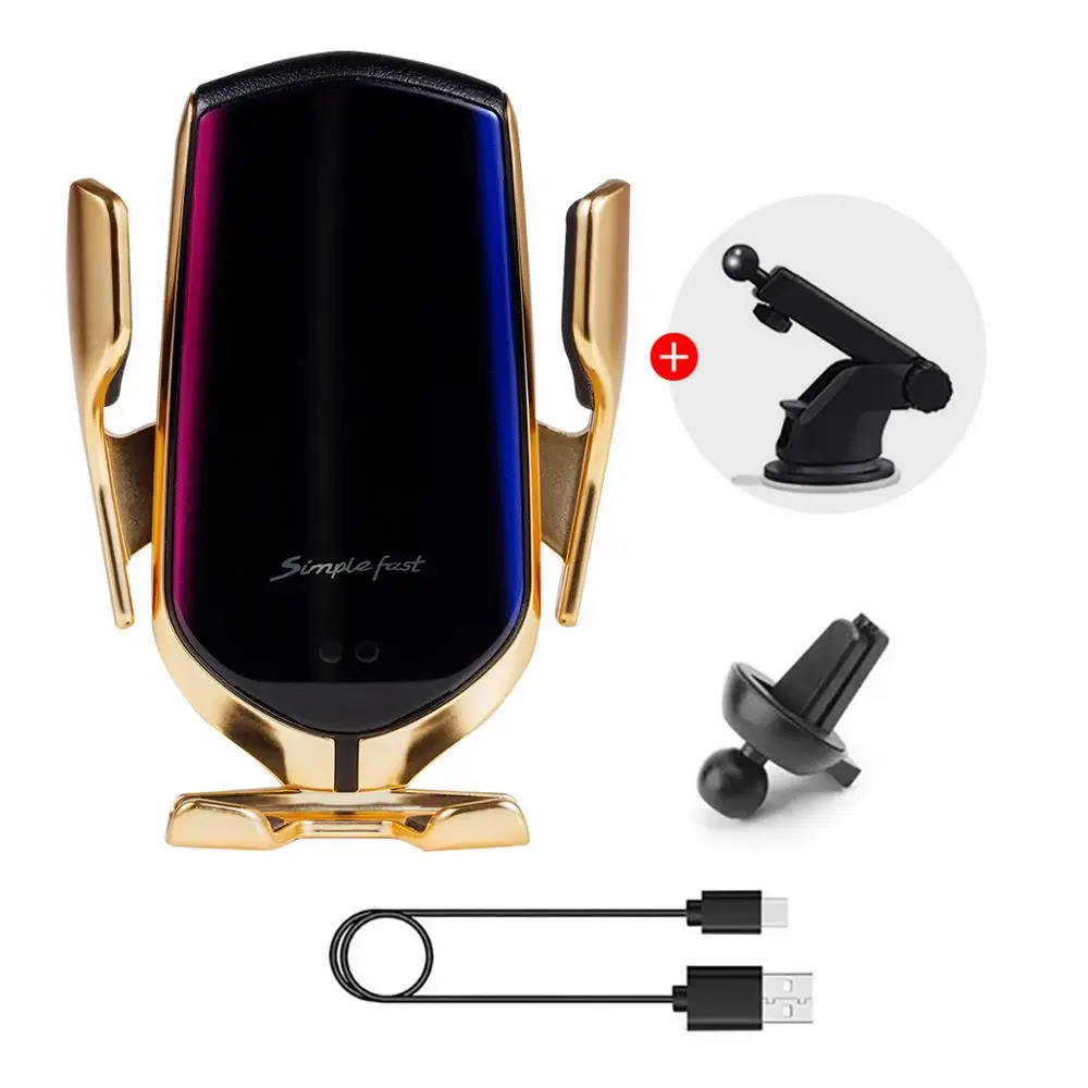 R1 умный индукционный Автомобильный держатель для телефона, Беспроводная зарядка, автомобильное зарядное устройство 10 Вт, инфракрасное быстрое крепление для IPhone, huawei, Xiaomi, умный датчик - Цвет: Gold 2