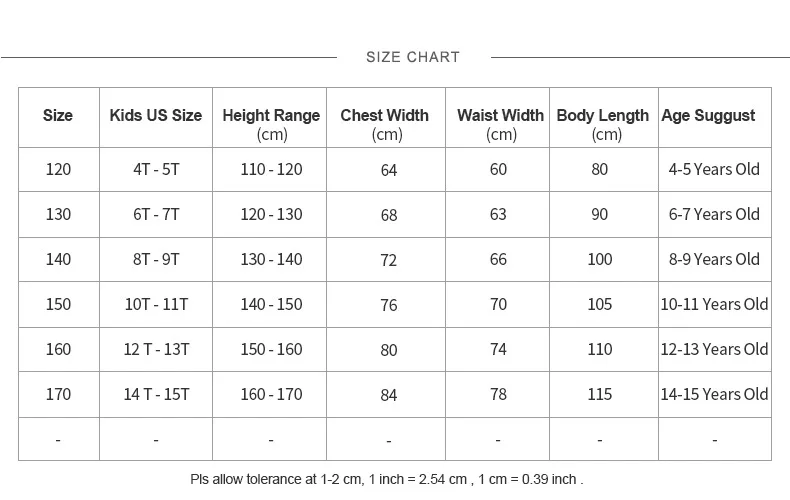 Regular payment120-170Size chart