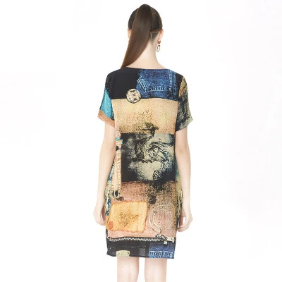 

Plus Size 4XL Spring Summer Retro Chinese Style Printted Silk Dress O Neck Mini Dresses Female Casual Tops Sundress LX1732