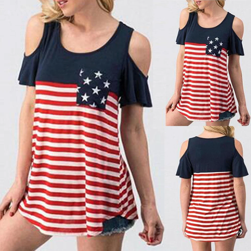

Summer Womens Tops and Blouses Casual Off Shoulder Ruffled American Flag Star Striped Printed Women Blouse Summer Tishirt Women