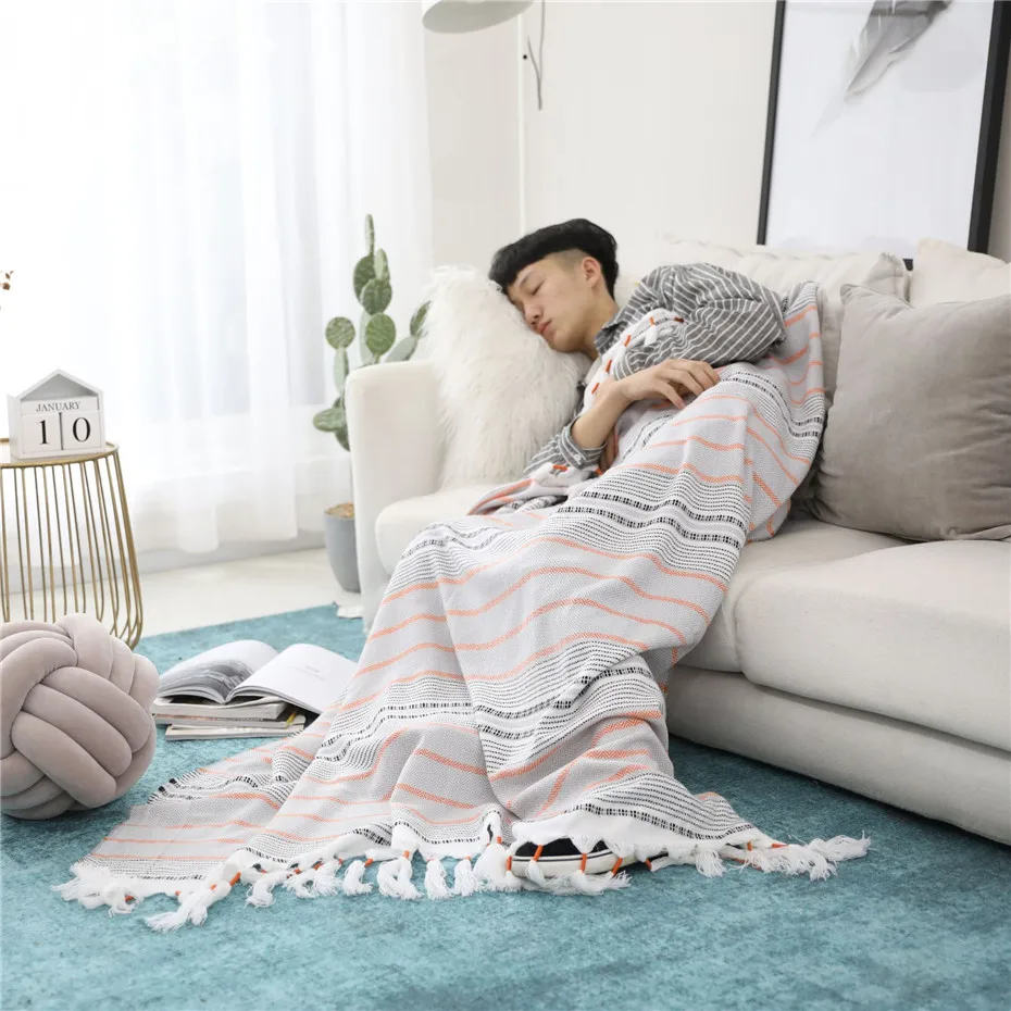 

Modern Hand-Woven Stripe Fringe Throw Blanket Soft and Stylish Home Sofa Decorative Blanket Office Sleeping Blanket