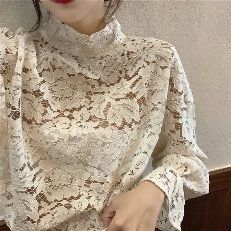 Apricot Женские кружевные топы весна осень модные милые с высоким воротом длинные расклешенные рукава кружевная рубашка открытая прозрачная блузка - Цвет: Apricot