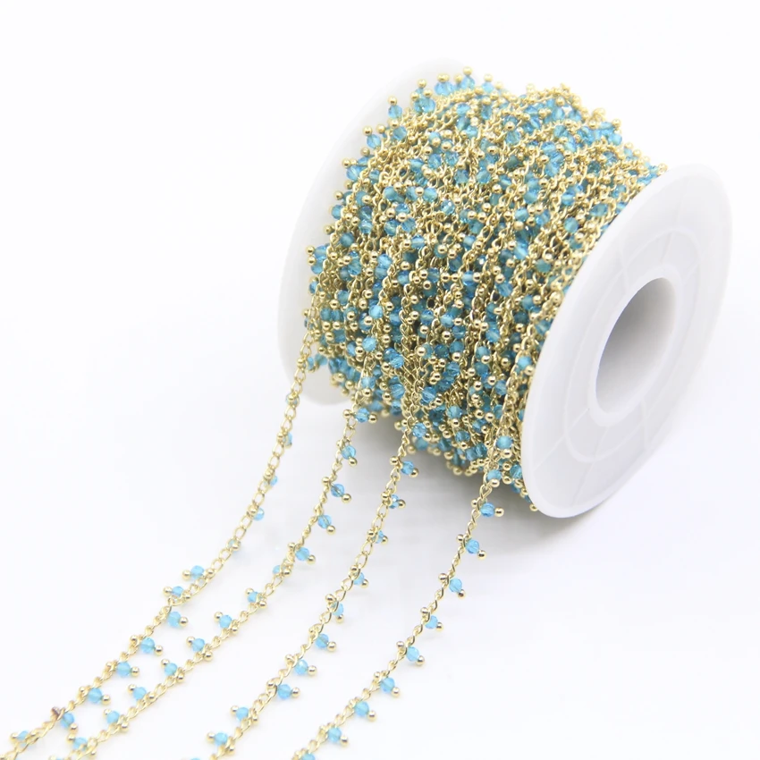 5Meter 11Color Choice 2mm Faceted Round Glass Beads Rosary Chains,Plated Gold Brass Wrapped Small Glass Beaded Necklace Chains
