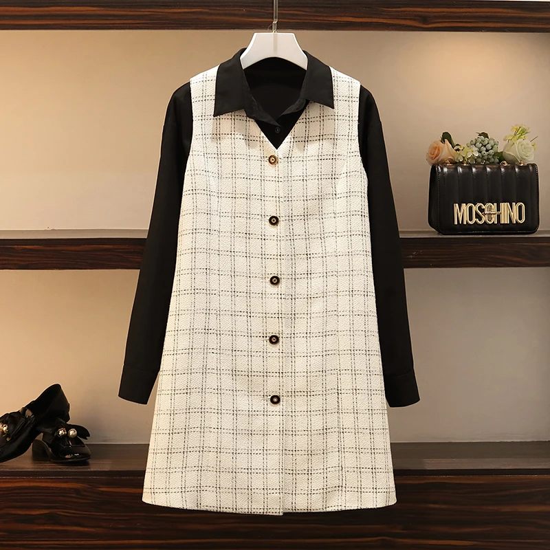 2 piece set L-4XL Плюс размер женское платье из двух частей осень модные блузы с длинными рукавами и однобортные платья без рукавов в клетку - Цвет: 2 piece set