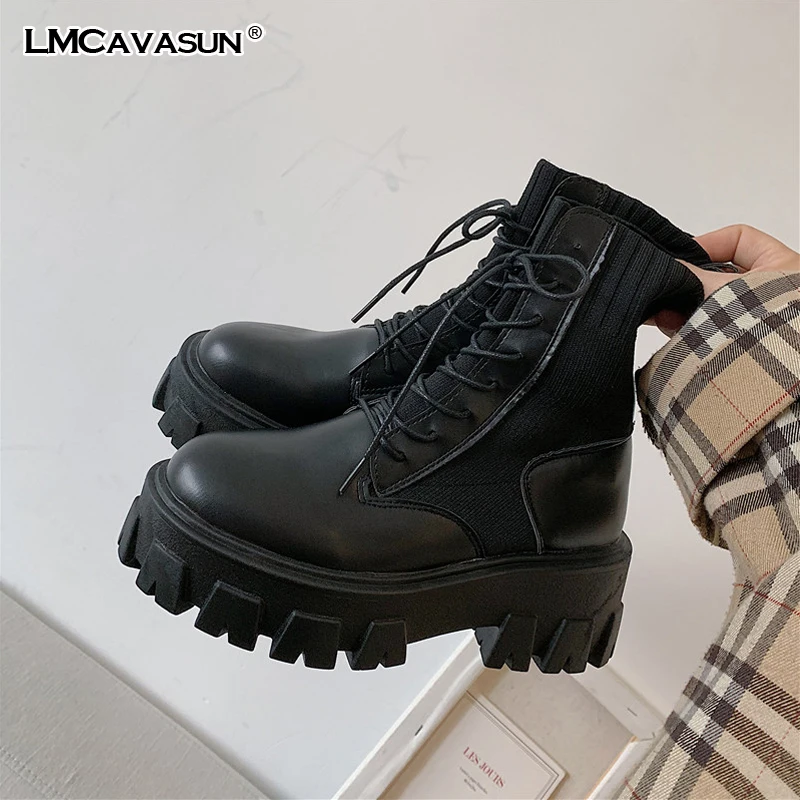 LMCAVASUN-Botas de charol para mujer, botines bajos con cordones, antideslizantes, para invierno