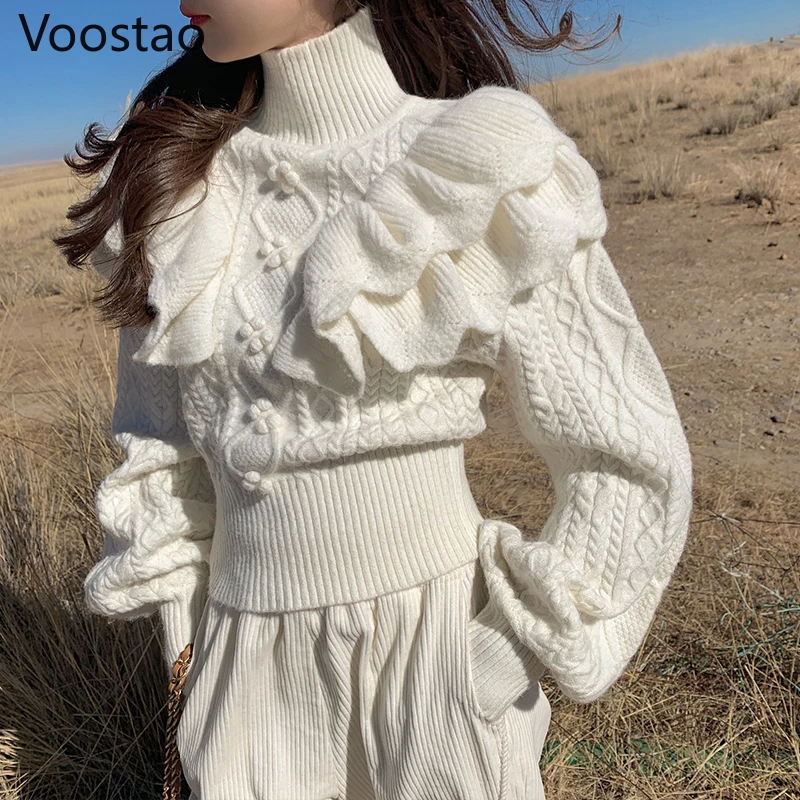 

Autumn Winter Women Sweet Ruffles Knitted Pullovers Kawaii Turtleneck Loose Sweater Outerwear Girls Chic Puff Sleeve Knit Tops