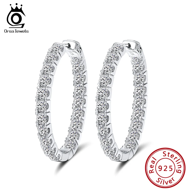 

ORSA JEWELS 100% Real 925 Women Hoop Earrings Full Zircon 34 MM Sterling Silver Circle Earrings Fashion Refinement Jewelry SE221
