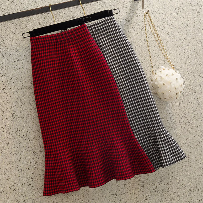 

Gowyimmes 20 Autumn Women Houndstooth Skirt Lady High Waist Knitted Mermaid Skirts Midi Long Hip Pakadge Skirt Bottomings PD840