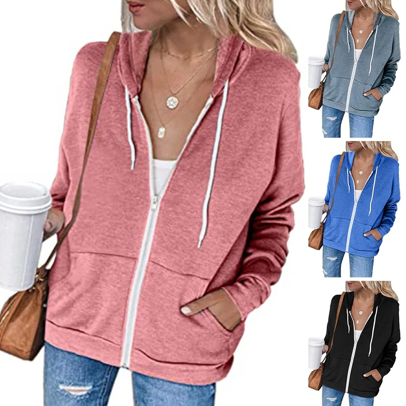 

Women Long Sleeve Hoodies Jacket Solid Color Zip-Up Drawstring Sweatshirt Coat