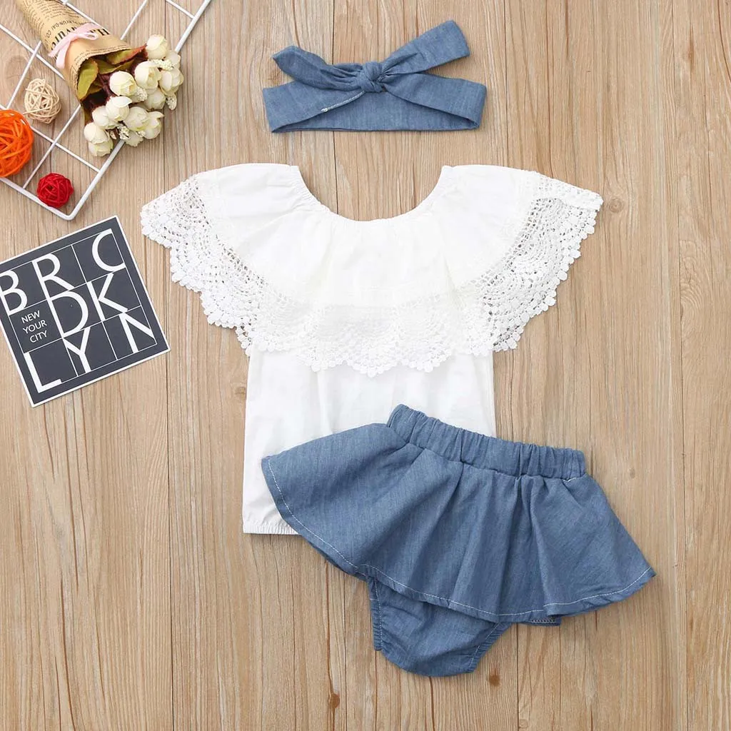 3pcs Newborn Baby Girl Sweet Clothes Sets Lace Ruffled Top+shorts Dress+ Solid Headband Casual Outfit Infant Baby Clothing Sets baby knitted clothing set