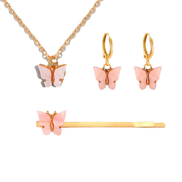 Fashion Cute Multicolor Acrylic Butterfly Jewelry Sets For Women Sweet Girls Pendant Necklace Earrings Hairpin Set Gifts