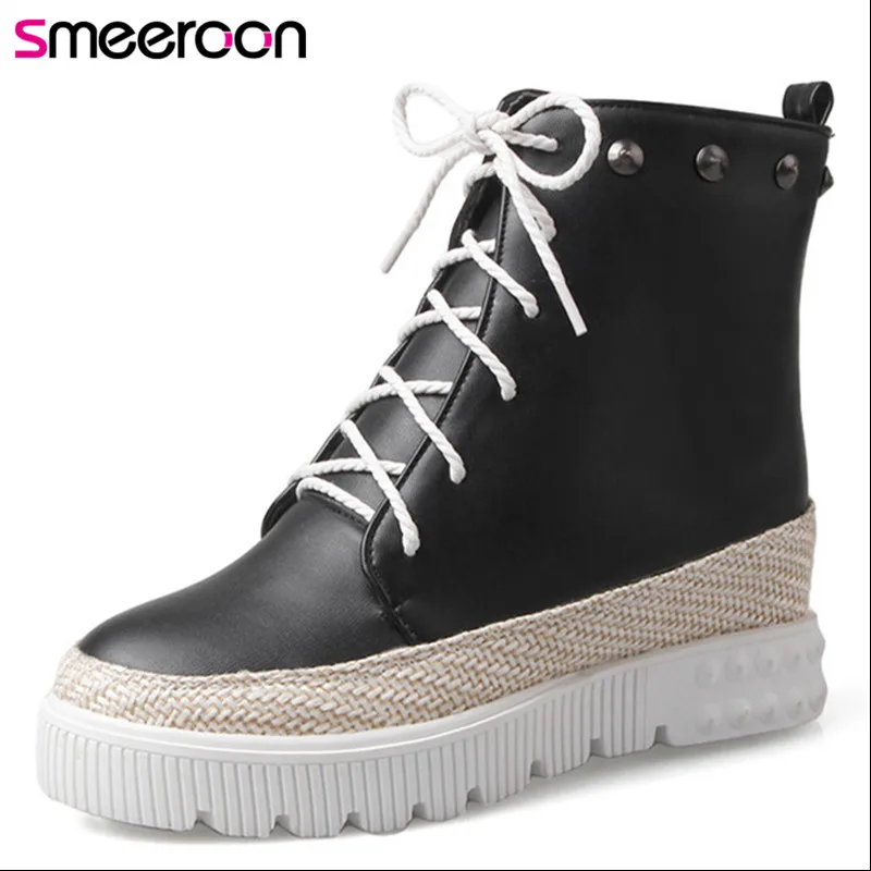 

Smeeroon women winter boots lace up shoes round toe super high heels boots black hot sale height increasing women's ankle boots