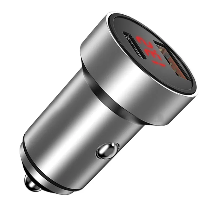 Автомобильное зарядное устройство usb type-C порт быстрая зарядка сплав светодиодный экран зарядное устройство для автомобиля DU55 - Цвет: Silver USB and type