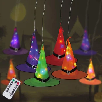 

8Pcs Halloween Decorations Witch Hat Hanging Light Home Glow Party Decor Battery Operate Props Outdoor Tree Hanging Ornament D30