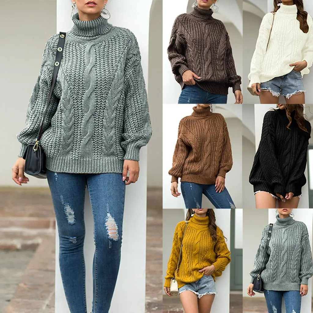 

Solid Turtleneck Pullover Sweater Women Casual Twist Long Sleeve 6 Colors Loose Knitted Sweater Tops Plus Size Femme Soft Tops