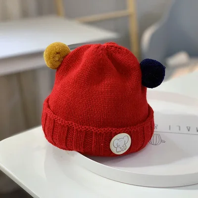 SLKMSWMDJ/осенне-зимняя вязаная шерстяная однотонная шляпа, Детские милые головные уборы, кепка теплая Кепка для маленьких мальчиков и девочек 2-6 месяцев - Цвет: red