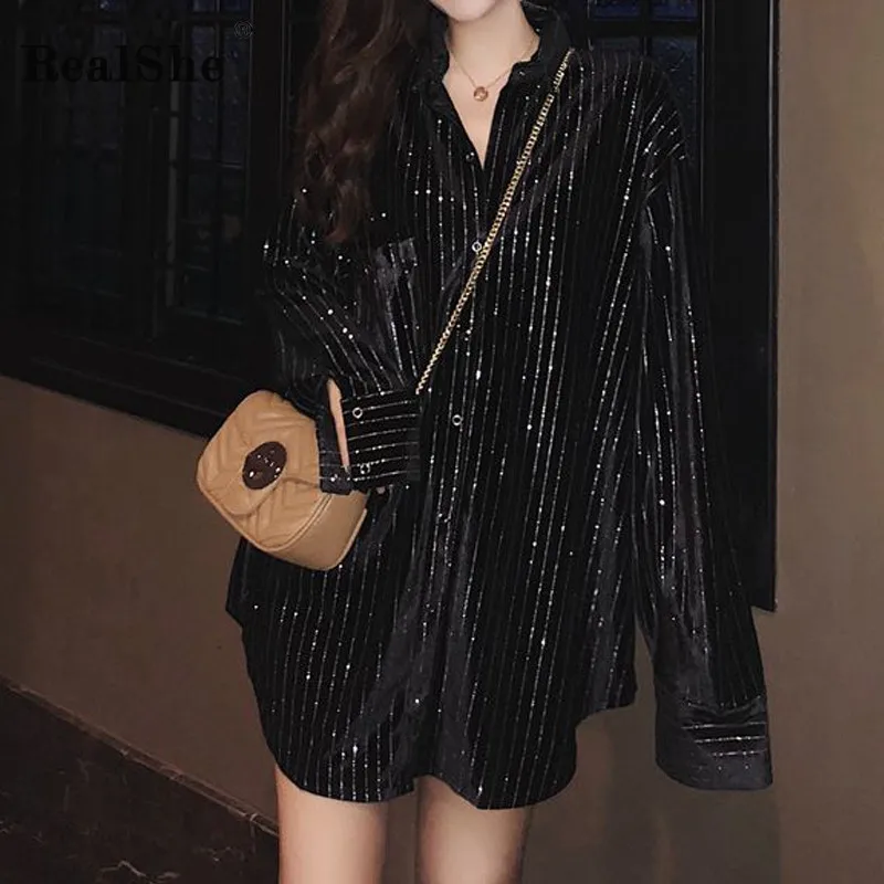 RealShe, новинка, женские блузки Mujer De Moda, Осень-зима, черная полосатая блузка, Женские топы и блузки с длинным рукавом, Рубашки, Топы