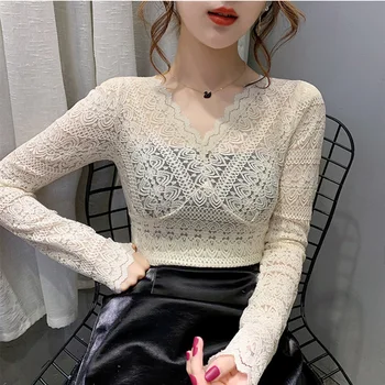

2020 Spring New Fashion V-neck Long-Sleeve Lace T-shirt Women's European Style Slim Lace Shirt Female T-shirt T Shirts Tees Tops