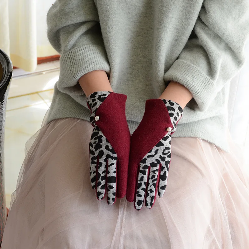 Леопардовые комбинированные перчатки женские элегантные модные осенне-зимние теплые термостойкие тонкие уличные перчатки для верховой езды, вождения, сенсорного экрана