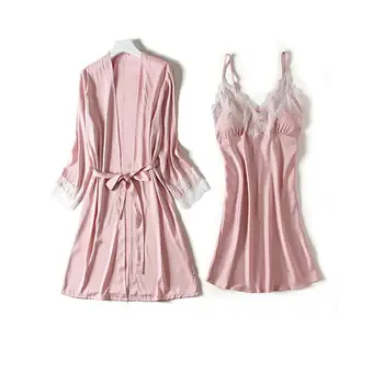 

Female 2PCS Nighty&Robe Suit Home Clothes Sexy Sleepwear Homewear Soft Bathrobe Gown With Belt Silky Nightgown Kimono Robe