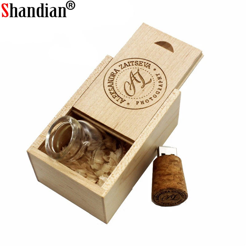 SHANDIAN бесплатный логотип стеклянная бутылка USB + коробка флэш накопитель Флешка 64
