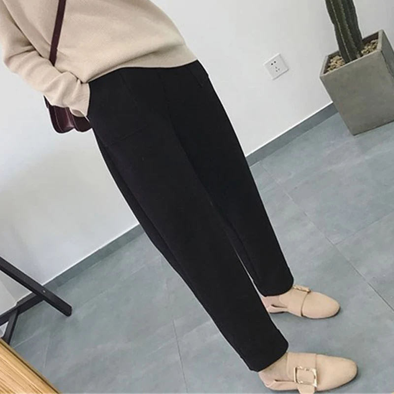 BGTEEVER Autumn Winter Thicken Pants Women Elastic Waist Pockets Woolen Female Pencil Pant Elegant Warm Trousers femme