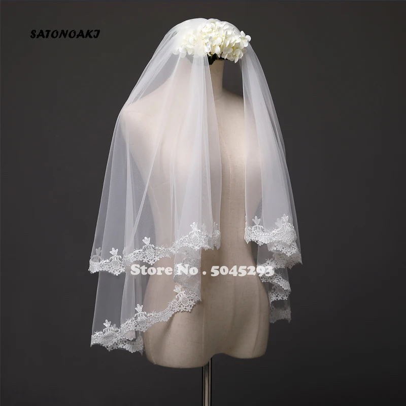 SATONOAKI,, двухслойная белая слоновая кость, тюль, кружево для свадебной вуали, низкая цена, короткая свадебная фата, veu de noiva longo