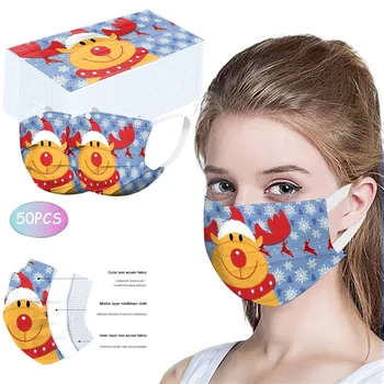 

50 Pcs Disposable Face Mask Christmas Print Non-Woven 3 Layer Face Masks For Germ Protection For Adults Mascarillas Flag Bandana