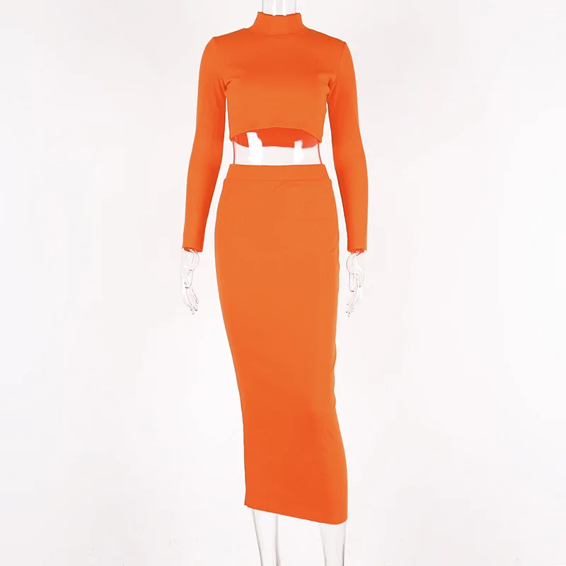 Осенний женский элегантный комплект из двух предметов, комплект с юбкой, короткий соблазнительный вязаный праздничный спортивный костюм для вечеринки, уличная одежда - Цвет: Оранжевый