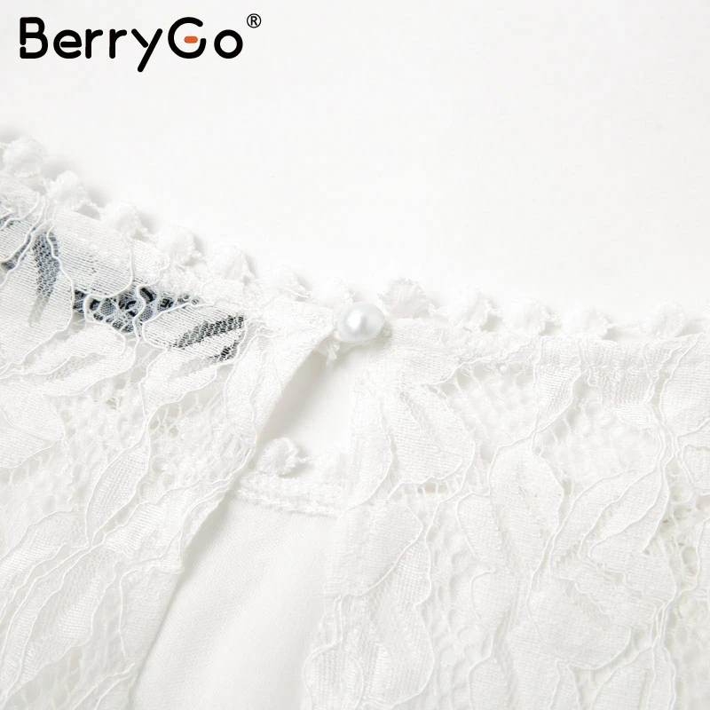 BerryGo элегантное кружевное прозрачное женское платье с длинным пышным рукавом Цветочное белое платье юбка с оборками с завышенной талией офисные женские осенние платья