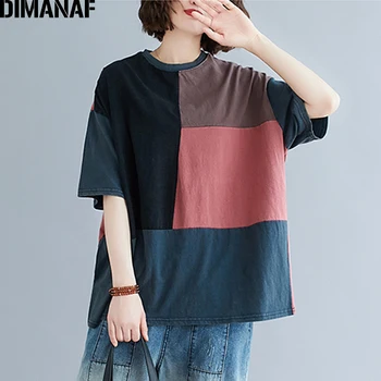 

DIMANAF Summer Plus Size T-Shirt Women Clothing Casual Loose Basic Lady Tops Tees Shirts Cotton Vintage Oversize Solid Patchwork