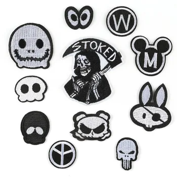 

Cheap Black White Badge Wholesale Skull Iron on Appliques for Clothing Hole Repair Decorative Diy Patch Accessory