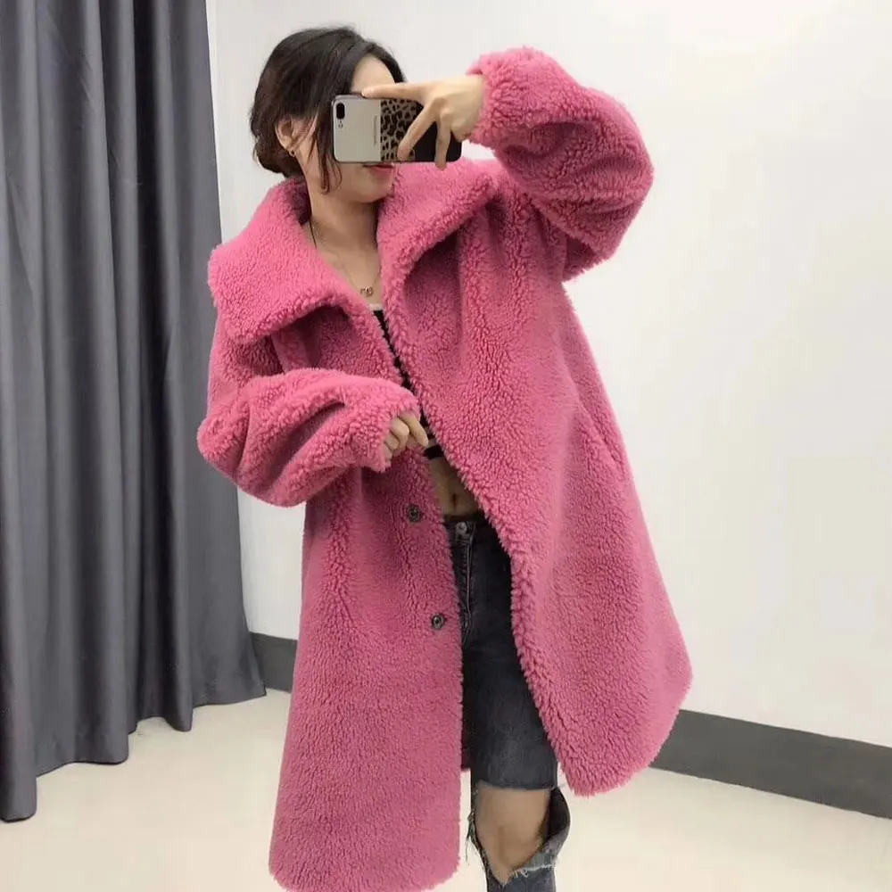 

2019 women's winter warm real Wool fur coat overcoat with large lapel collar skirt hem lady female coats loose jacket overcoats