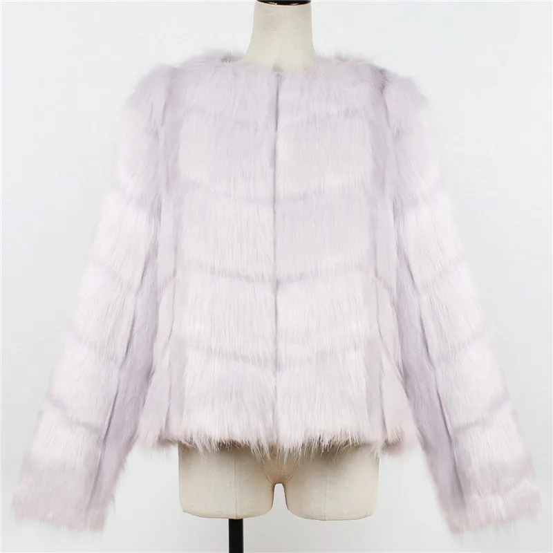 LANSHIFEI New Faux Fur Coat High Quality Fashion Slim Black Red Pink Faux Fur Jacket Fake Rabbit Fur Coat - Цвет: Серый