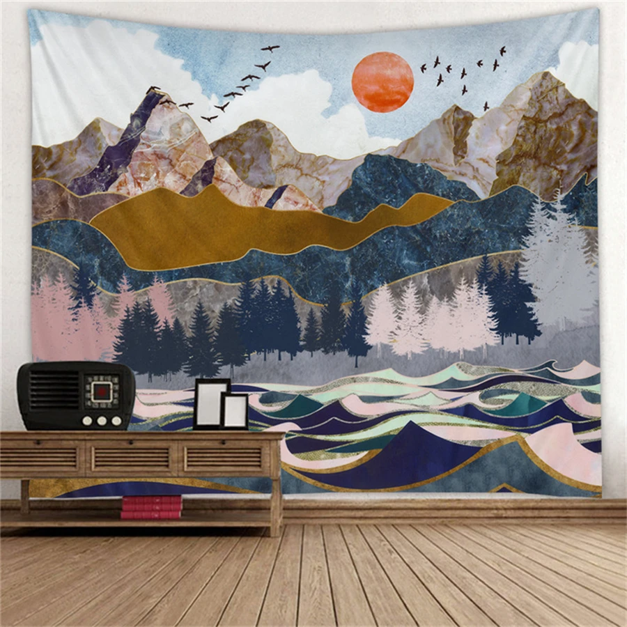 Картина в японском стиле, настенный гобелен, абстрактный пейзаж, горы, закат, лес, узор хиппи, гобелен, настенный, морской Кит