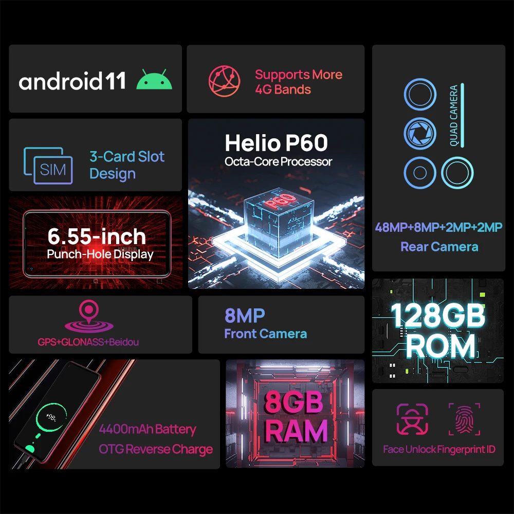 Ulefone Note 11P Android 11 8GB 128GB cell phones 4G Unlocked  telephone 4400mAh 48MP Camera 6.55 inch smartphone Global Vision