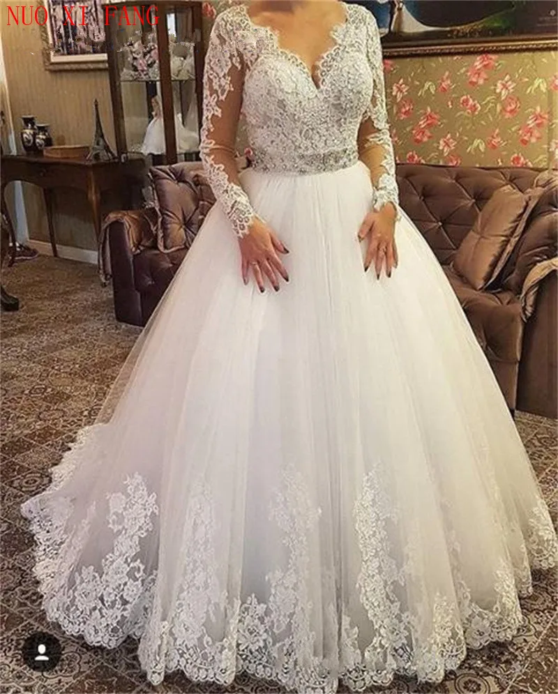 ^Cheap Nuoxifang Elegante Lange Mouw Trouwjurk 2020 Applique Strass Riem Vestido De Noiva V-hals Bruidsjurken Robe De Mariee