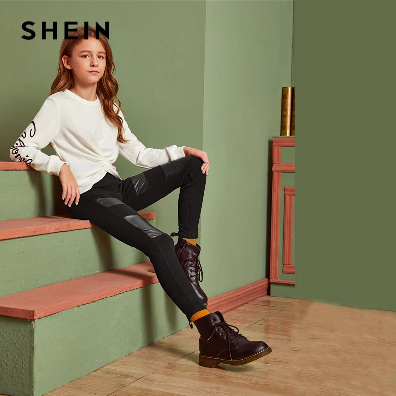 Skup SHEIN Kiddie Girls czarny kontrast PU wysokiej talii jednokolorowe spodnie dzieci dna 2019 jesień w pasie spodnie typu casual dla dzieci