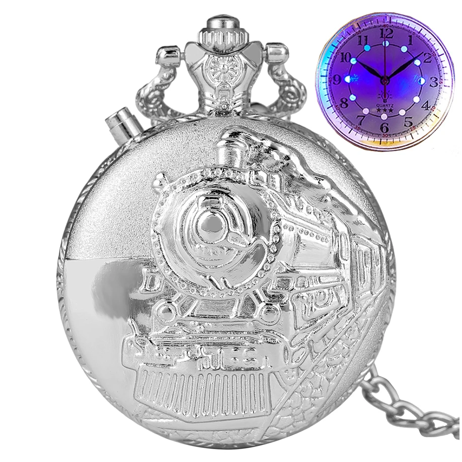 Silver Luminous LED Dial Quartz Pocket Watch Carved Train Locomotive Engine Steampunk Motor Railway Chain Fob Watches | Наручные часы