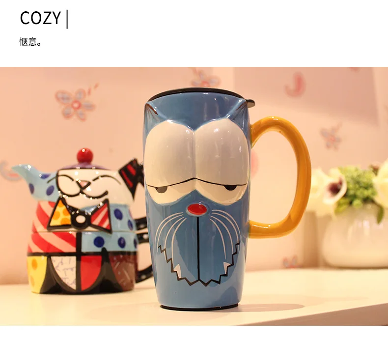 Расписная креативная керамическая кружка, модная кружка с крышкой и ложка для молока, кофе, чая, чашка большой емкости, мультяшная чашка, посуда для напитков