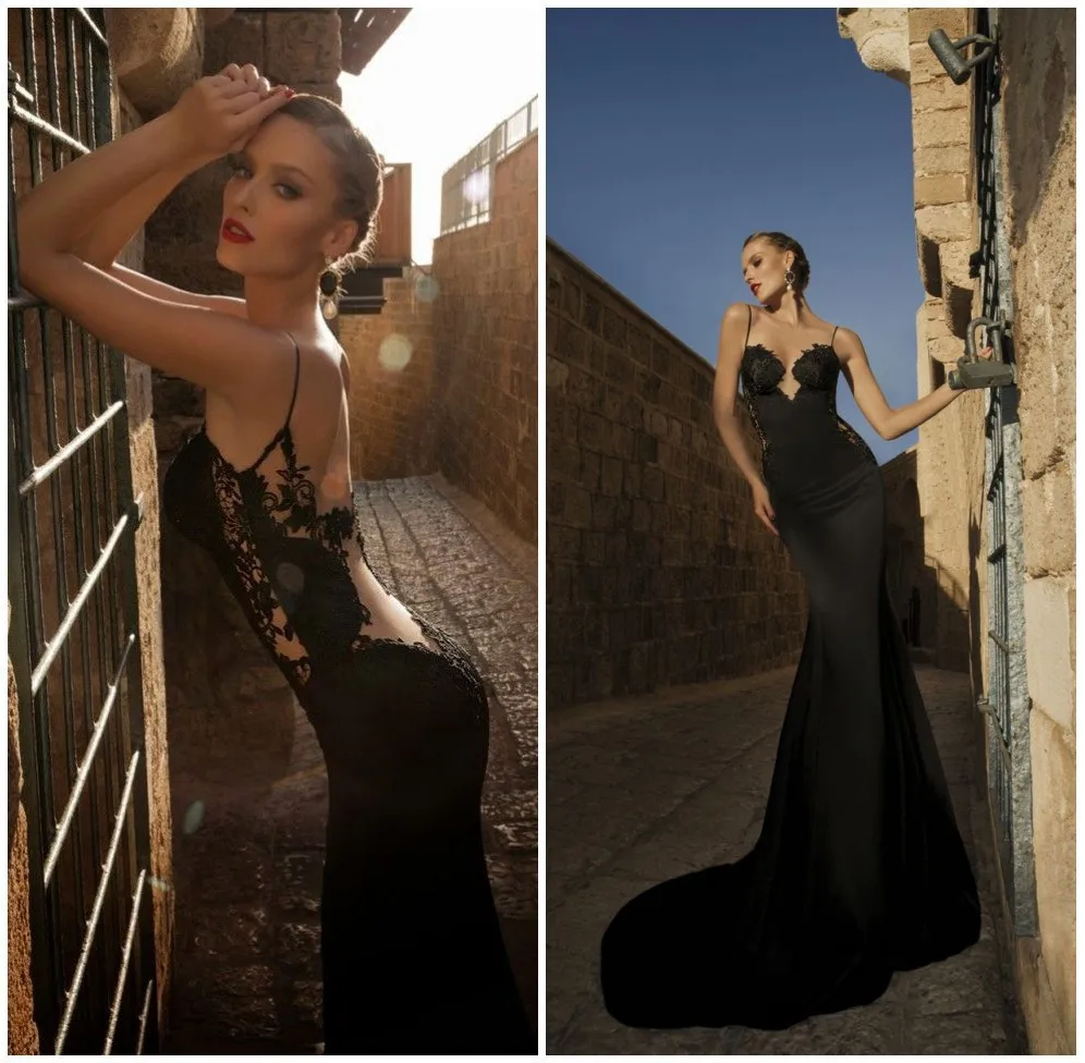 Vestidos De Fiesta сексуальное платье Русалка на бретельках черное прозрачное кружевное аппликация вечернее платье платья для выпускного вечера