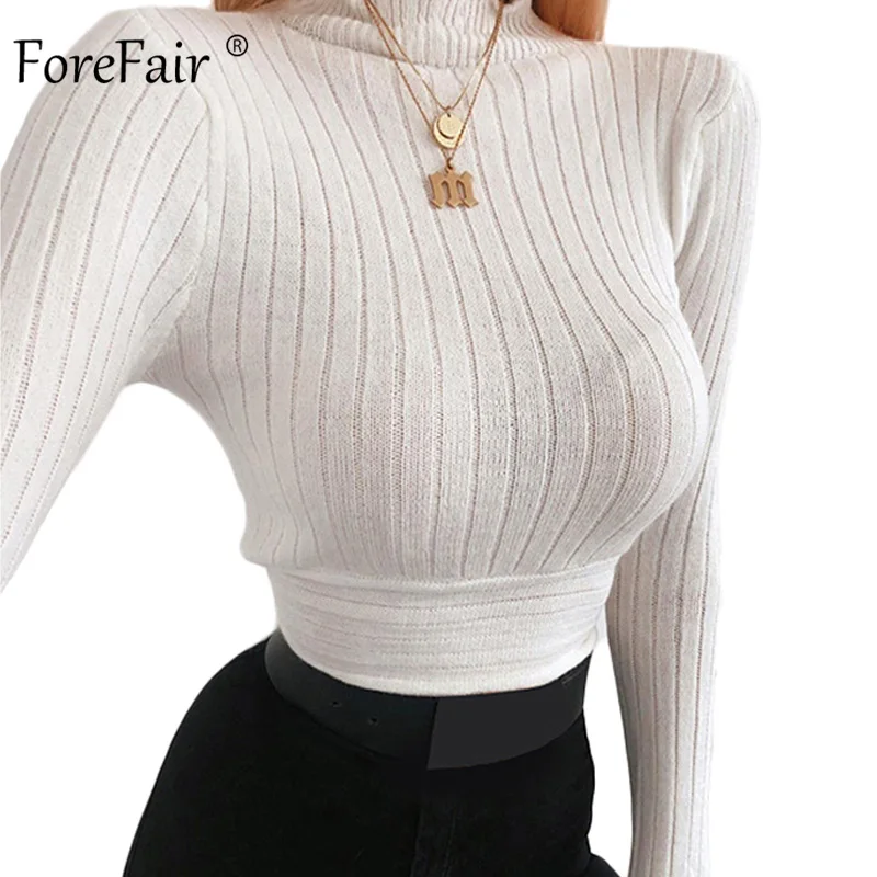 Forefair футболка с длинным рукавом Топ для женщин осень обтягивающий сплошной короткий ребристый водолазка с бантом сексуальный укороченный топ - Цвет: White Tops