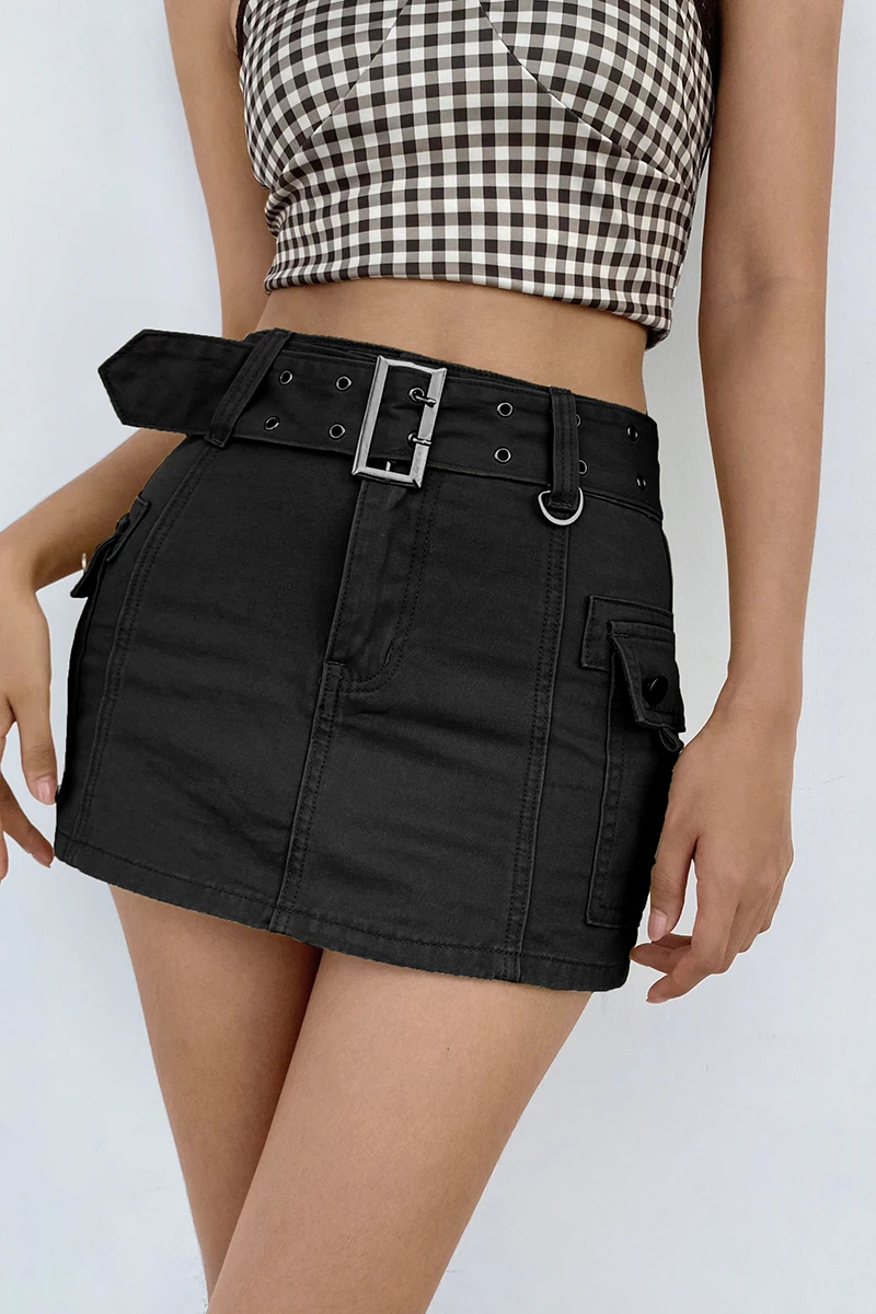 

New Fashion Womens Belted Mini Skirt Mid Waist Solid Color Bodycon Short Skirt With Flap Pockets Club Street Style Hot Sale