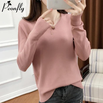 

PEONFLY New 2020 Autumn Winter Pullover Sweater Women Korean V Neck Long Sleeve Knit Jumper Female Pink Yellow Green Knitwear