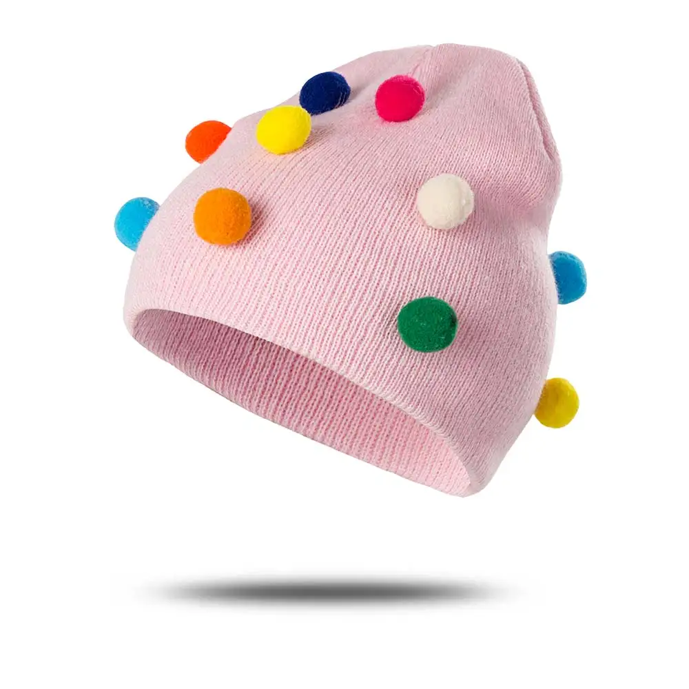 Детская зимняя шапка с помпонами, милая шапка для мальчиков и девочек, вязаная однотонная зимняя теплая детская шапка для детей 0-3 лет - Цвет: 1